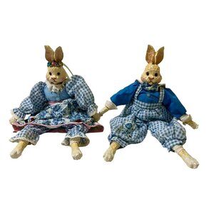 Shelf Sitting Couple Bunny Rabbit Easter Resin Cloth Farmhouse Cottage Spring